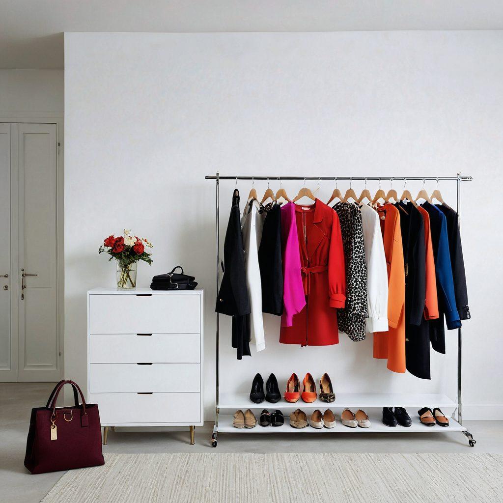 A chic and modern wardrobe display featuring a variety of stylish women's outfits on elegant hangers. Incorporate a vibrant color palette with accessories such as handbags, shoes, and jewelry artistically arranged around the clothing. Include a full-length mirror reflecting the outfits for a touch of elegance. The backdrop should be minimalist and contemporary, adding to the fashion-forward theme. super-realistic. vibrant colors. white background.