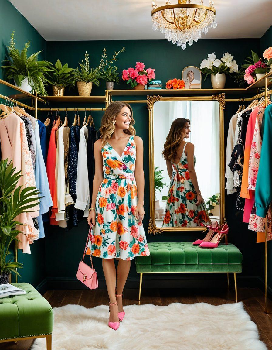 A stylish wardrobe filled with colorful clothing pieces, including a mix of trendy dresses, elegant accessories, and chic shoes. Showcase a beautiful mirror reflecting a confident person trying on outfits with a bright smile. Incorporate vibrant colors and floral patterns on clothing, with soft natural lighting that enhances the glamor. The background features a decorative wall with fashion inspiration boards and plants for a fresh look. super-realistic. vibrant colors. cozy atmosphere.
